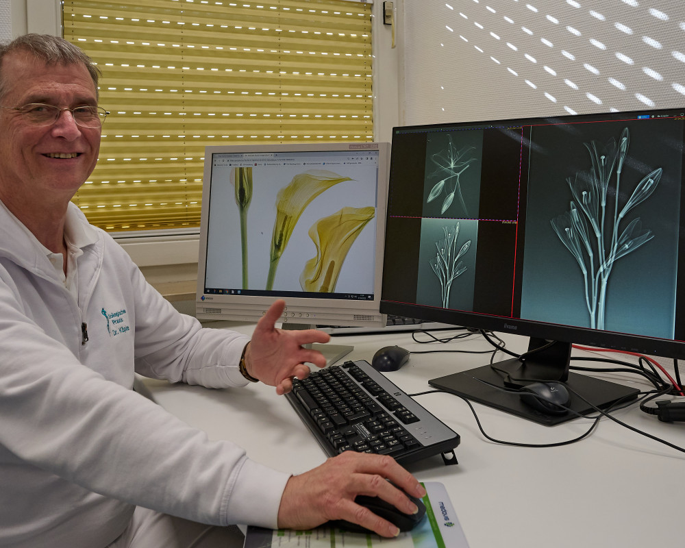 Dr. Julian Köpke sitzt vor den Bildschirmen, auf denen die Röntgenbilder der Blumen zu sehen sind.