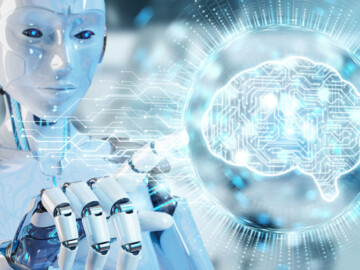 Ein humanoider Roboter ruft digitale künstliche Intelligenz aus einem 3D-Hologramm ab. 